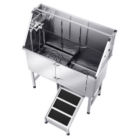 Stainless Steel Dog Washing Station, 50 inch Pet Grooming Tub w/ Ramp, PE Water Filter Board (Ramp or Stairs/Door Opening Method: Ramp/Right)